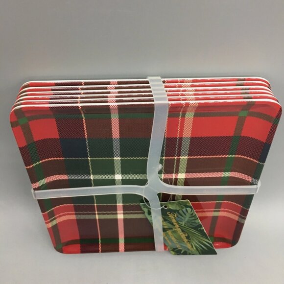 x6 TOMMY BAHAMA Red Tartan Plaid Melamine Appetizer Plate Set Square Christmas - Picture 3 of 5